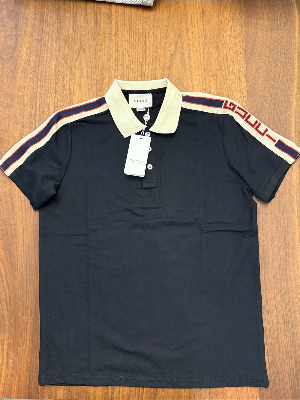 Gucci Black Polo with Cream Collar and Red-Blue Shoulder Stripes